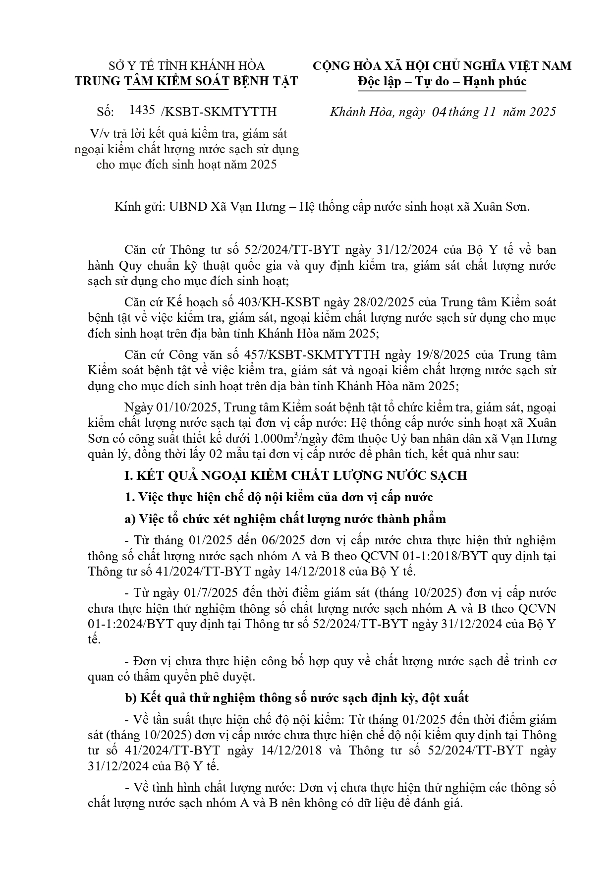 V/v trả lời kết quả kiểm tra, giám sát ngoại kiểm chất lượng nước sạch sử dụng cho mục đích sinh hoạt năm 2025